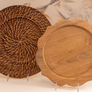 Woven wood and wood chargers for event rentals in Orlando.