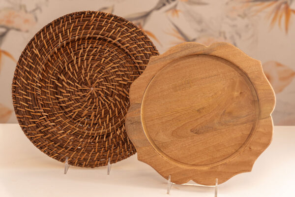 Woven wood and wood chargers for event rentals in Orlando.