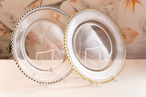 Gold & silver beaded glass charger plates.