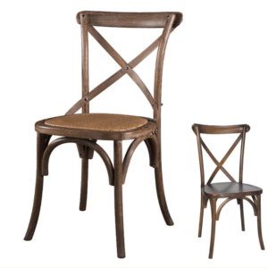 Rustic cross-back dining chairs for rent in Orlando.